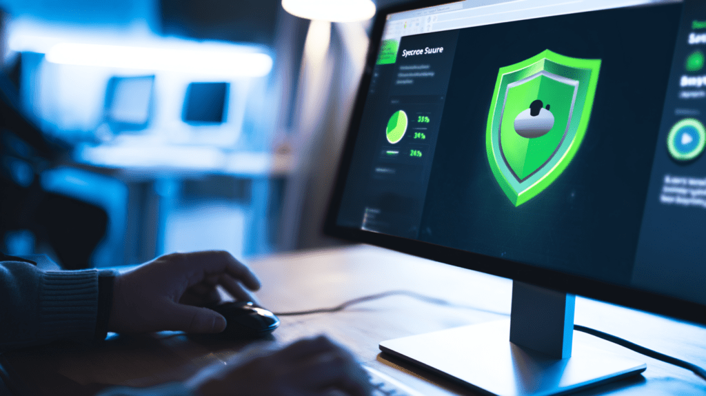 Monitor wyświetlający panel WordPress ze skonfigurowaną wtyczką security plugin i statusem bezpiecznej strony.